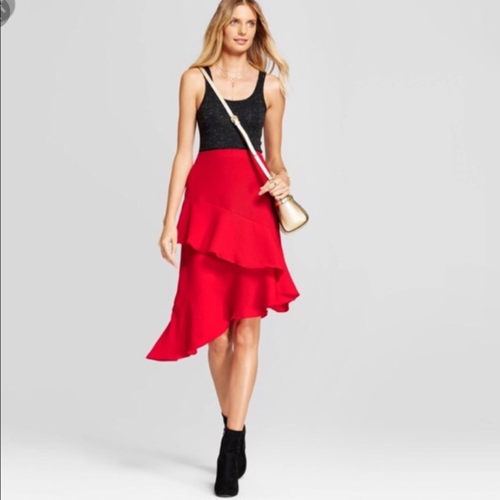 Nwot red ruffle midi skirt